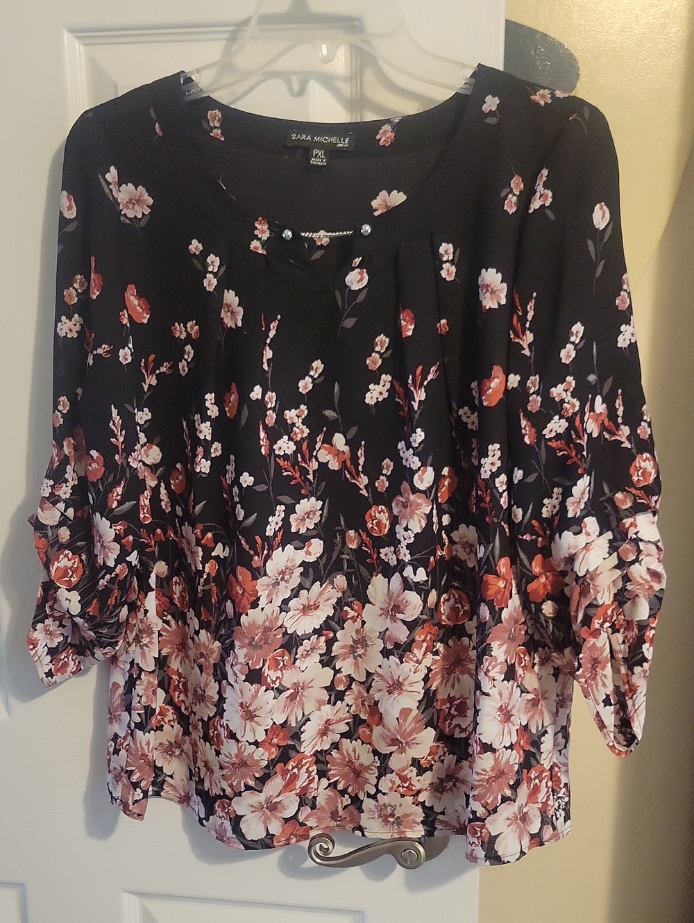 Sara Michelle Sheer SzPXL pleated Black Blouse Maroon and Cream Floral Pattern
